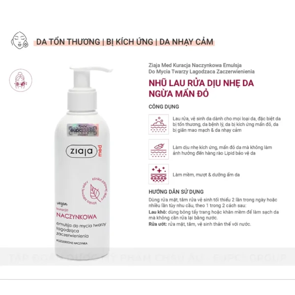 Nhũ Lau Rửa Dịu Nhẹ Da Ngừa Mẩn Đỏ Ziaja Med Kuracja Naczynkowa 200ml
