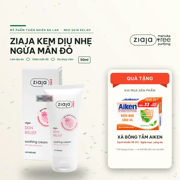 Kem Dịu Nhẹ Ngừa Mẩn Đỏ Ziaja Med Skin Relief Dermatological Formula Soothing Cream Anti-Redness 50ml
